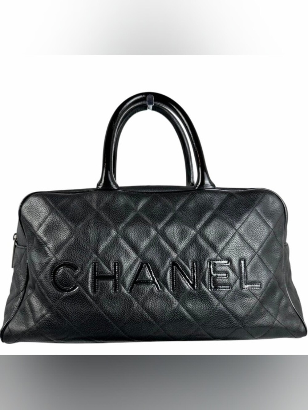 CHANEL Black Quilted Caviar Leather Logo Boston Bag